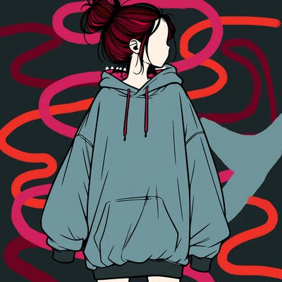 realistic girl with a oversized sweatshirt on and a bun