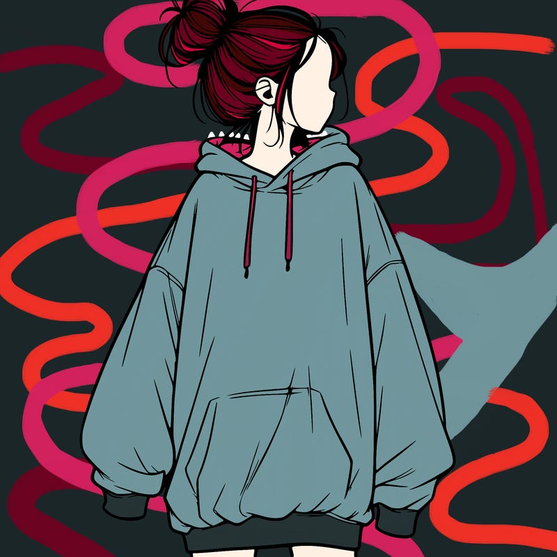 realistic girl with a oversized sweatshirt on and a bun