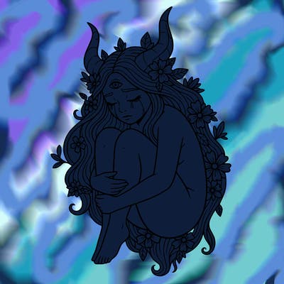 sad person with horns crying with eyes closed holding her knees 
flower in her hair
long hair 
no pupil in eye 
one eye on her forehead that is open but no pupil