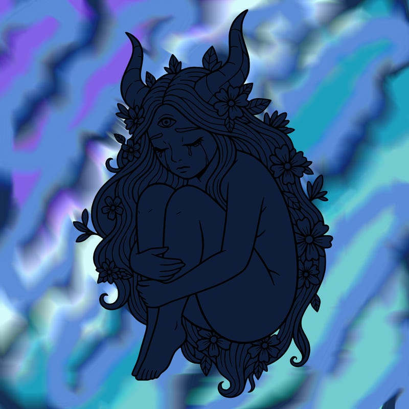 sad person with horns crying with eyes closed holding her knees 
flower in her hair
long hair 
no pupil in eye 
one eye on her forehead that is open but no pupil