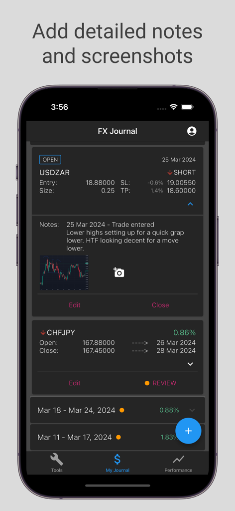 FX Journal - Trading Journal - FX Journal app interface showing trade notes and attached chart screenshot