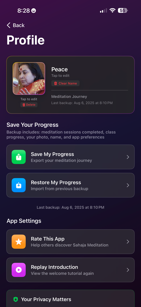SahajaYoga-Meditation - Página de perfil de usuario de la aplicación SahajaYoga Meditation con opciones de guardado de progreso y configuración de la aplicación.