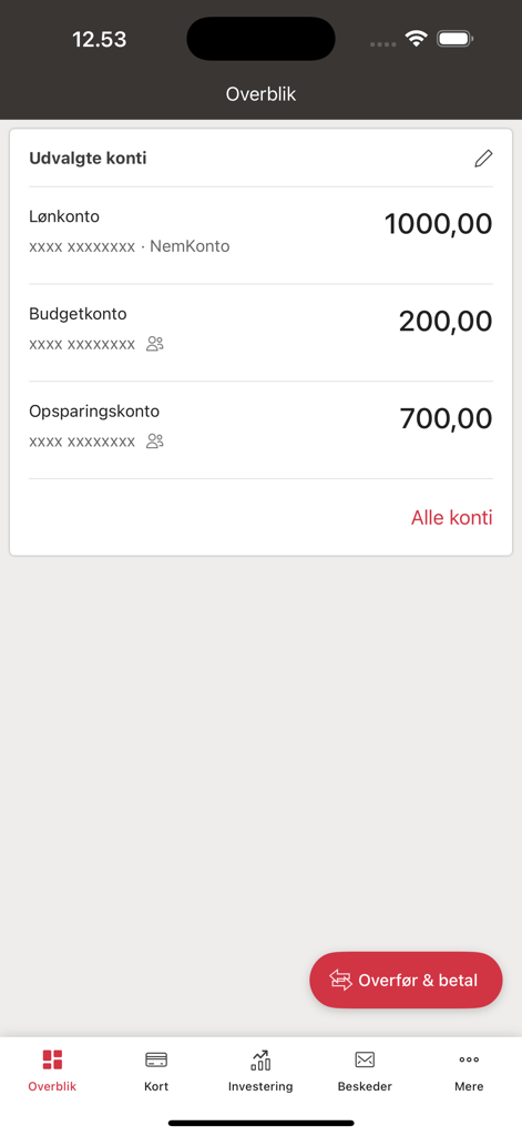Account overview screen in the Spar Nord mobile banking app showing various account balances