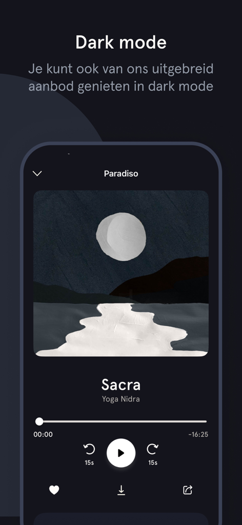 House of Deeprelax – Meditatie - House of Deeprelax mobile app showing dark mode interface with a Yoga Nidra meditation player