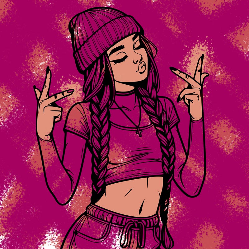 realistic teenage girl with braids and a beanie and crop top doing 🫶🏼