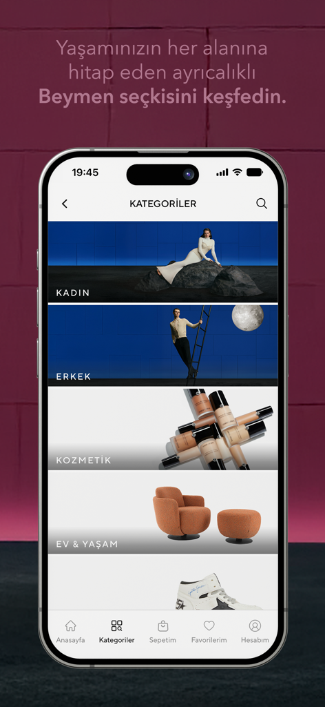 Beymen mobile app showing luxury shopping categories including Women Men Cosmetics and Home and Living