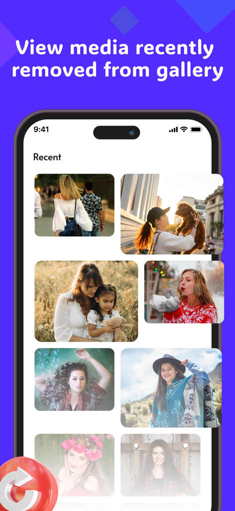Deleted Photo Recovery. - A mobile app interface showing a grid of recently deleted photos that can be recovered to the gallery