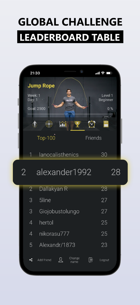 Titan - Home Workout & Fitness - Tabla de clasificación de desafíos globales que muestra los rankings de saltar la cuerda en la aplicación de fitness Titan