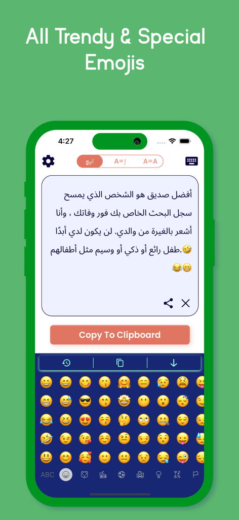Arabic Keyboard · - Uno smartphone che mostra l'app Tastiera Arabo con un editor di testo e un pannello di selezione emoji.
