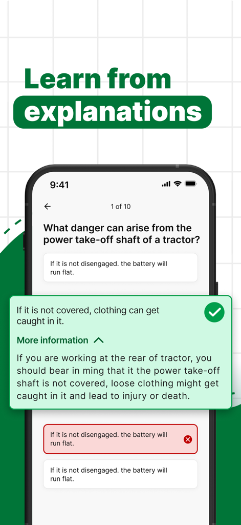 Driving Test Routes Ireland - Smartphone screen showing a practice question from the Irish driving theory test with a detailed correct answer explanation.