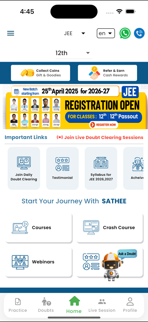 Sathee - Home screen of the Sathee app displaying educational resources for JEE and NEET including courses, crash courses, and webinars.