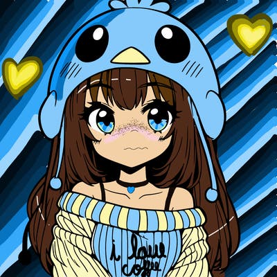 anime girl with chick shaped hat with sweater with bare shoulders with bangs covering them one eye with low tail