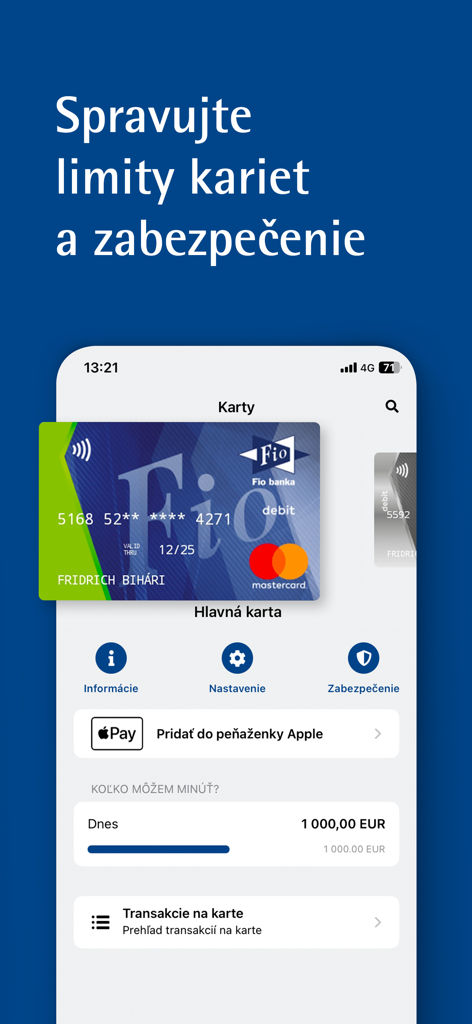 Interface do aplicativo Fio Smartbanking SK para gerenciar limites e configurações de segurança do cartão