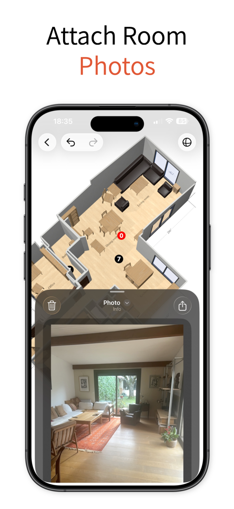 LiDAR Scanner 3D - 5DPlan - LiDAR Scanner 3D app showing a 3D floor plan with an attached room photo