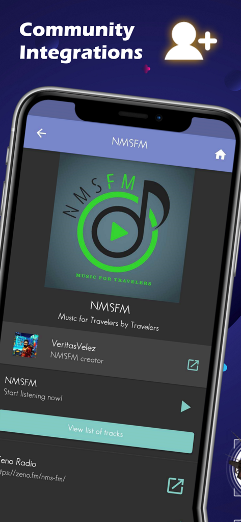 Assistant for No Man's Sky - The community integrations screen in the Assistant for No Man's Sky app featuring the NMSFM radio player for game music.