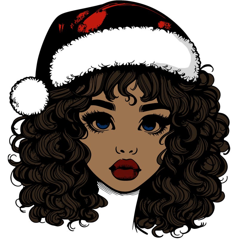 realistic girl with a santa hat curly hair and lips