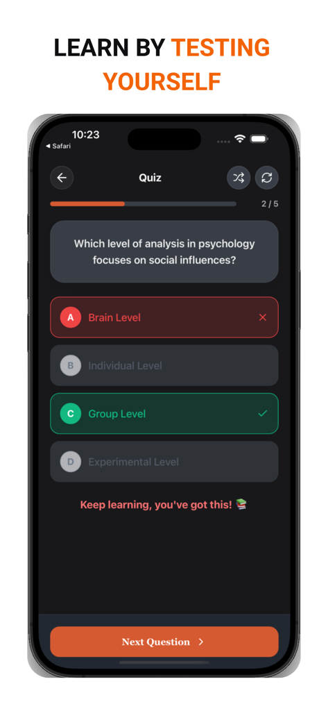 Interfaz de la aplicación móvil TikoNote que muestra un cuestionario de opción múltiple de psicología