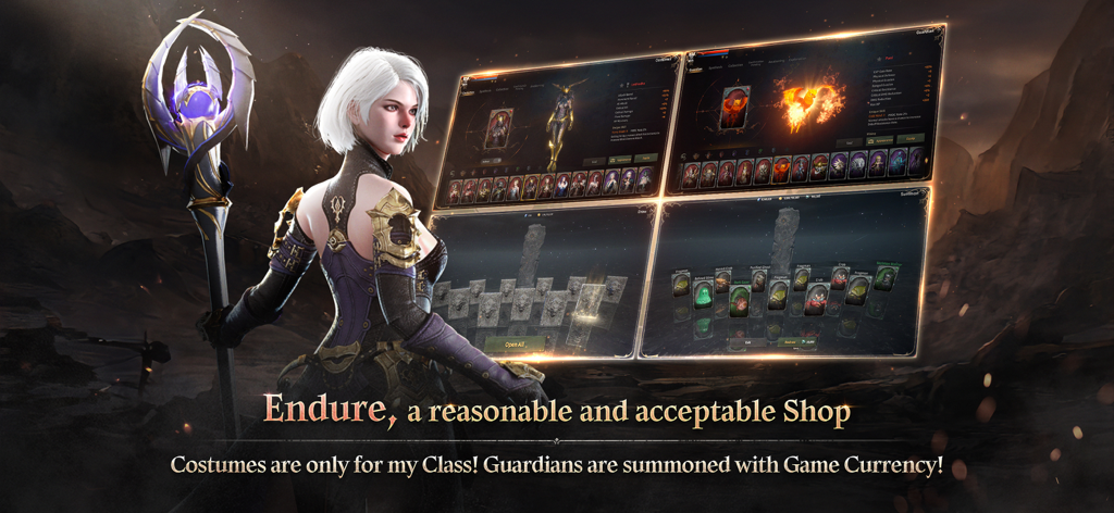 ROM: Golden Age - A female character in ROM Golden Age next to game menus for costumes and guardian summoning