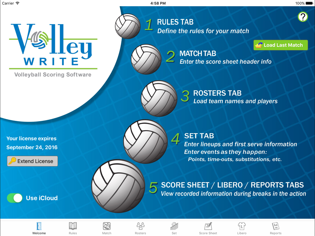 VolleyWrite - VolleyWrite app welcome screen showing a five-step process for digital volleyball scoring