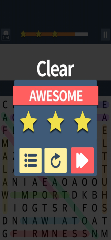 Word Search King! - 워드 서치 킹 레벨 완료 화면으로, 세 개의 별과 멋진 업적 메시지가 표시됩니다.