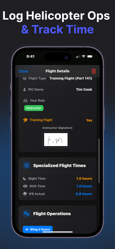 RotorLog mobile app screenshot displaying helicopter flight details including training logs specialized night and NVG flight times and a digital instructor signature