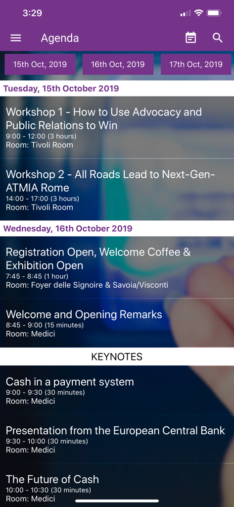 ATMIA - ATMIA app interface displaying the conference agenda with scheduled workshops and keynote speakers
