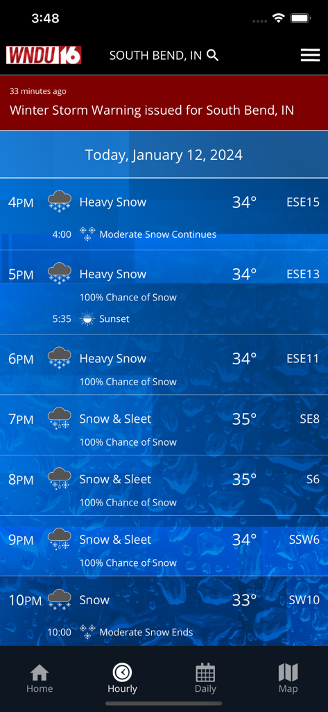 WNDU First Alert Weather - WNDU weather app screen displaying hourly forecast with heavy snow alerts for South Bend