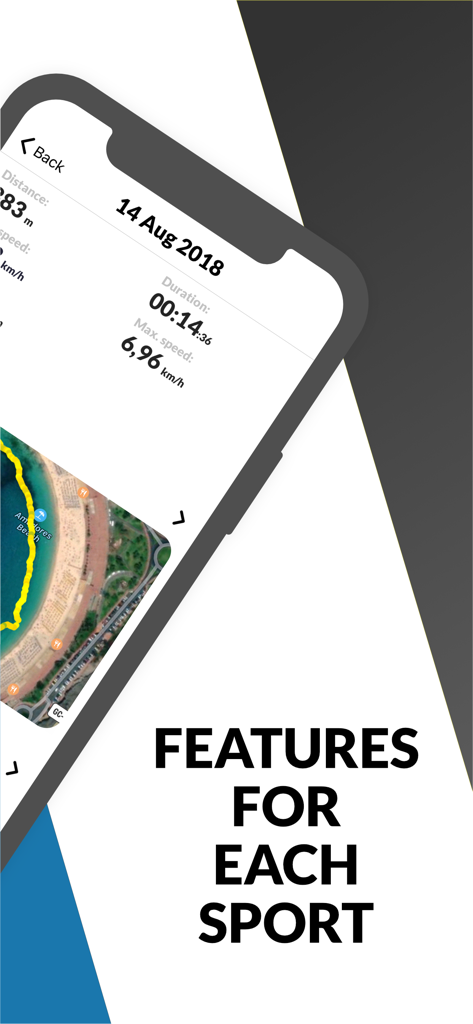 Watersports Tracker app displaying session duration, max speed, and a GPS map of a surfing activity.