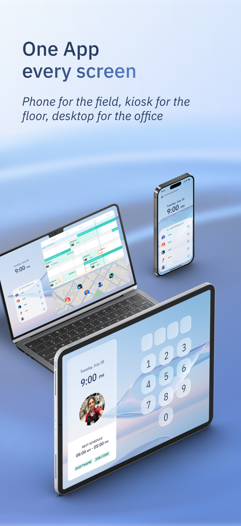ShiftFlow time tracking app displayed on a smartphone, laptop, and tablet kiosk for cross-platform team management.