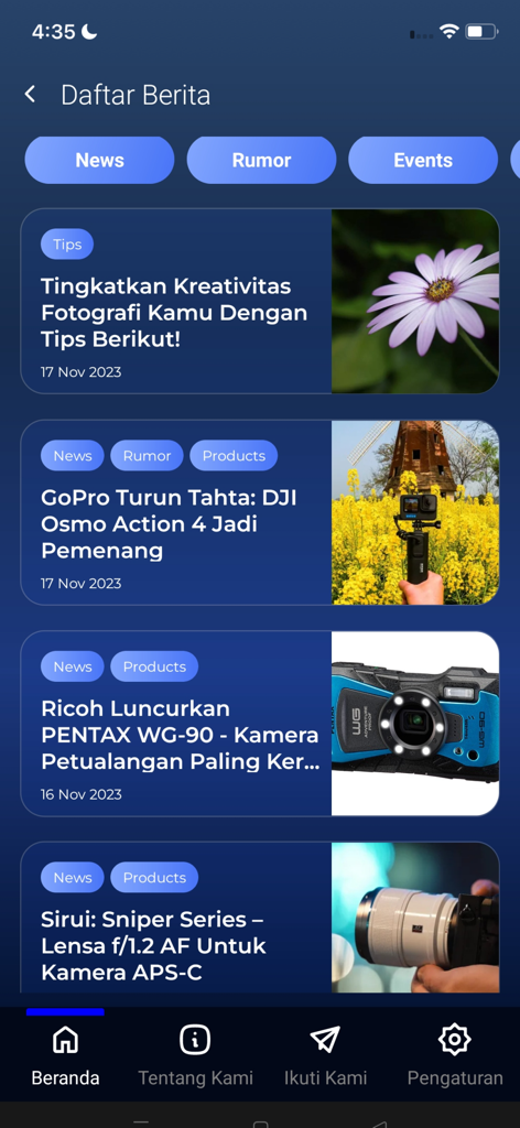 Halofoto App - Mobile screen of Halofoto app displaying photography news and camera gear updates