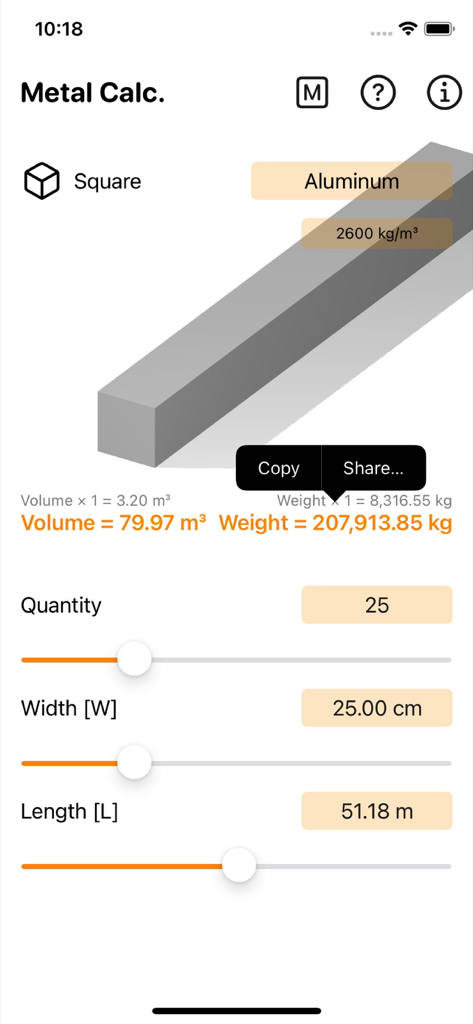 Interface de l'application Metal Calculator Plus calculant le poids et le volume de barres carrées en aluminium avec des dimensions personnalisées