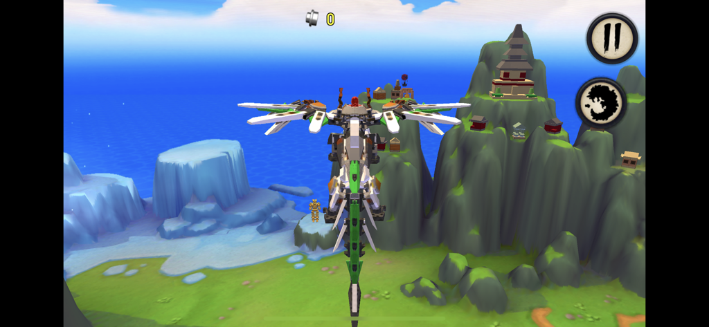 A LEGO ninja dragon flying over a mountainous landscape with a temple and village in the background