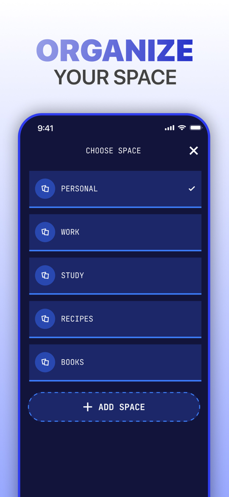 Mobile app interface showing document categorization folders for Personal, Work, and Study files.