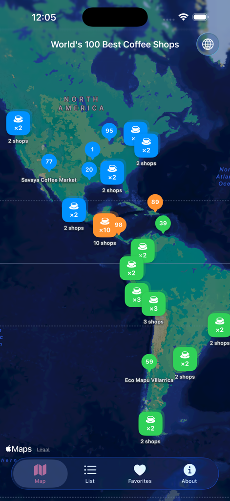 World's 100 Best Coffee Shops - Interactive map showing the locations of the world top 100 coffee shops across North and South America.