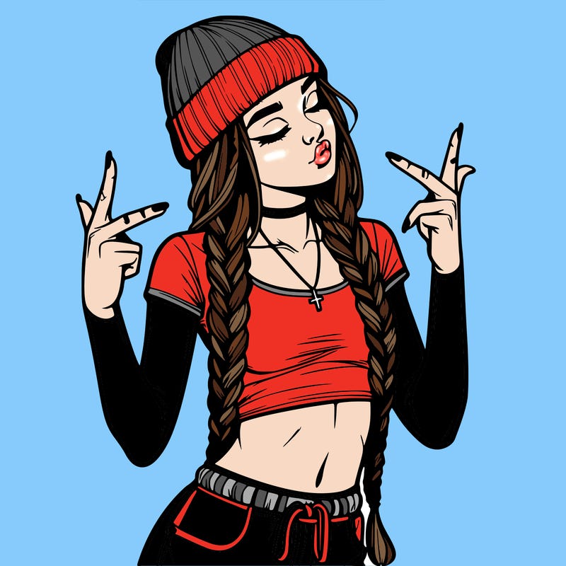 realistic teenage girl with braids and a beanie and crop top doing 🫶🏼