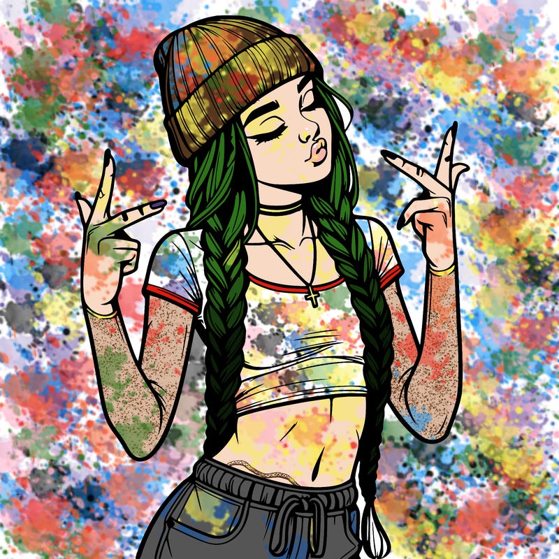 realistic teenage girl with braids and a beanie and crop top doing 🫶🏼