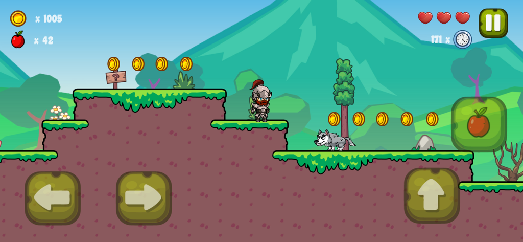 Nipo's World - Gameplay de Nipos World mostrando um personagem cavaleiro em um nível de vale verde com moedas e um inimigo lobo