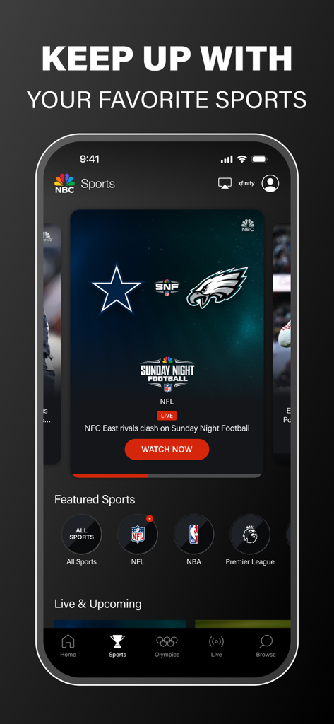 Una interfaz móvil para la App de NBC que muestra la cobertura de deportes en vivo de Sunday Night Football y varios íconos de liga como NFL y NBA
