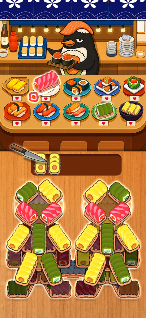 Gameplay screenshot of Sushi Sort showing a penguin chef and colorful sushi rolls being organized