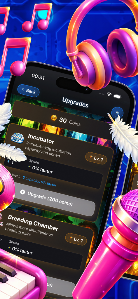 Chik Mut Lab - Chik Mut Labアプリのアップグレードメニュー、インキュベーターと育種チャンバーの研究オプションを表示。