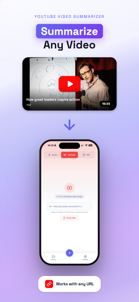 Interface of SpeakNotes app demonstrating the YouTube video summarization feature by pasting a URL