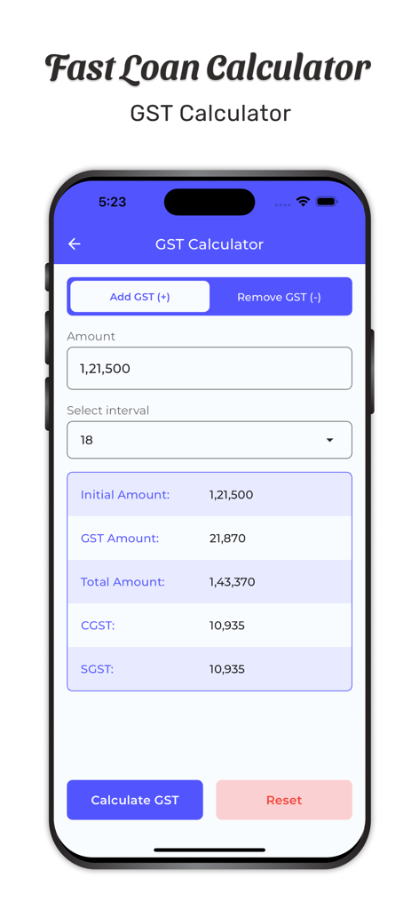 Fast Loan Calculator app interface showing the GST calculator feature with calculated tax results