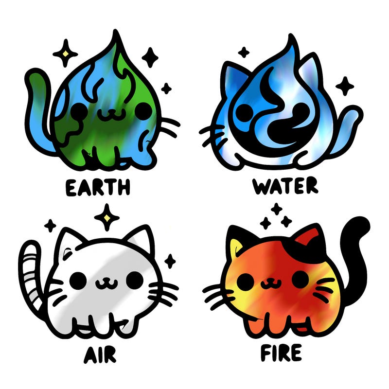 4 cats that represent the different elements, earth, water, air, and fire