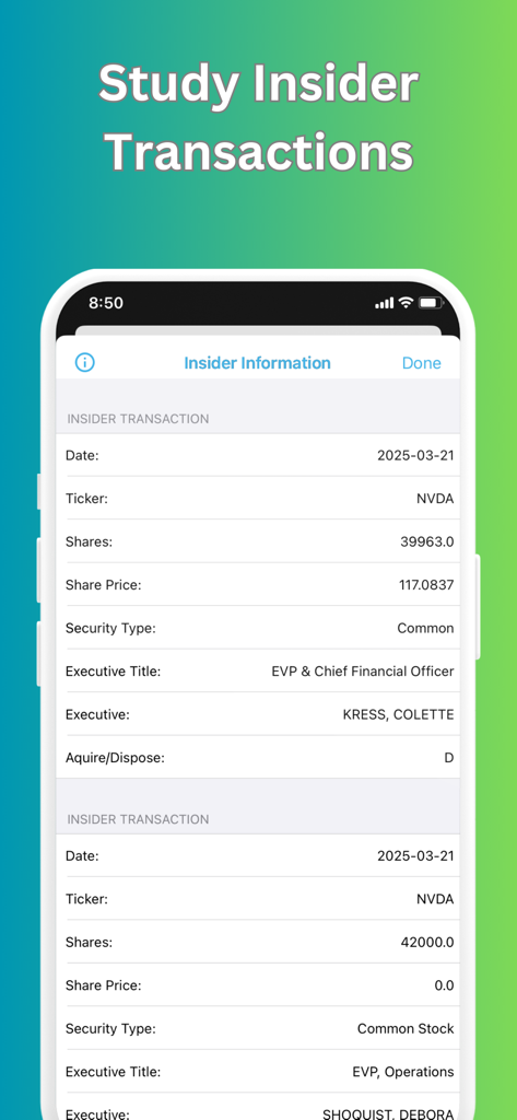 Company 360 - Mobile app interface displaying detailed stock insider transactions including executive names and share prices for due diligence