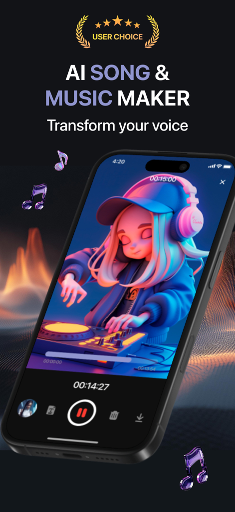 Smartphone-Bildschirm, der die Benutzeroberfläche der KI-Song- und Musikmacher-App mit einem 3D-DJ-Avatar anzeigt