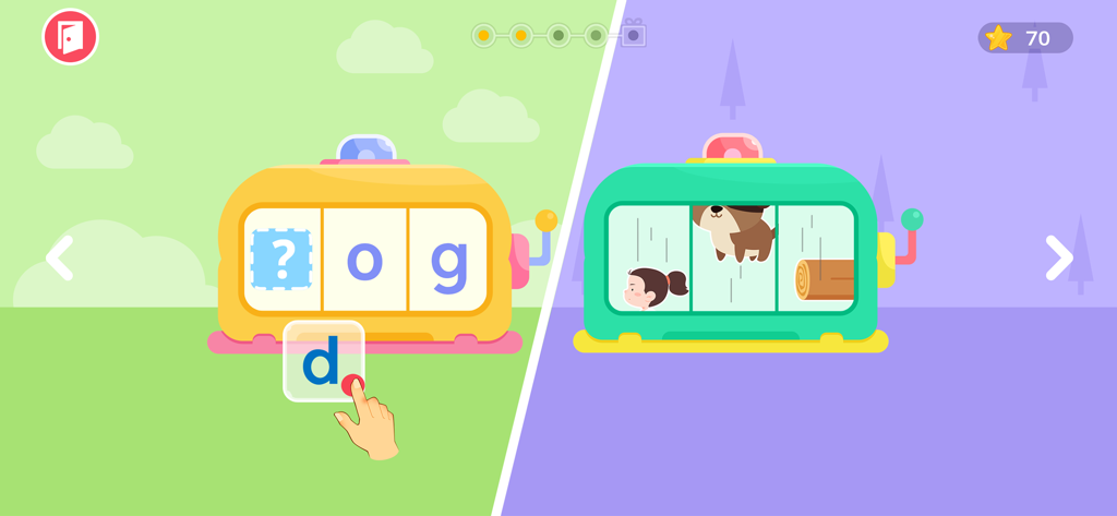Ein Kind zieht den Buchstaben d, um das Wort Hund in einem farbenfrohen CVC-Wort-Rechtschreibspiel zu vervollständigen.