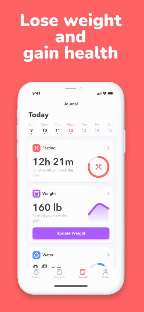 断続的ファスティングトラッカーアプリのジャーナル画面に、ファスティングタイマーと体重ステータスが表示されている