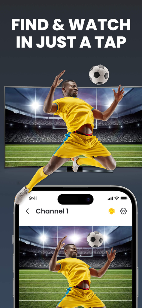 Smart IPTV Play App zeigt ein Live-Fußballspiel sowohl auf einem Smartphone als auch auf einem gekrümmten Fernsehbildschirm