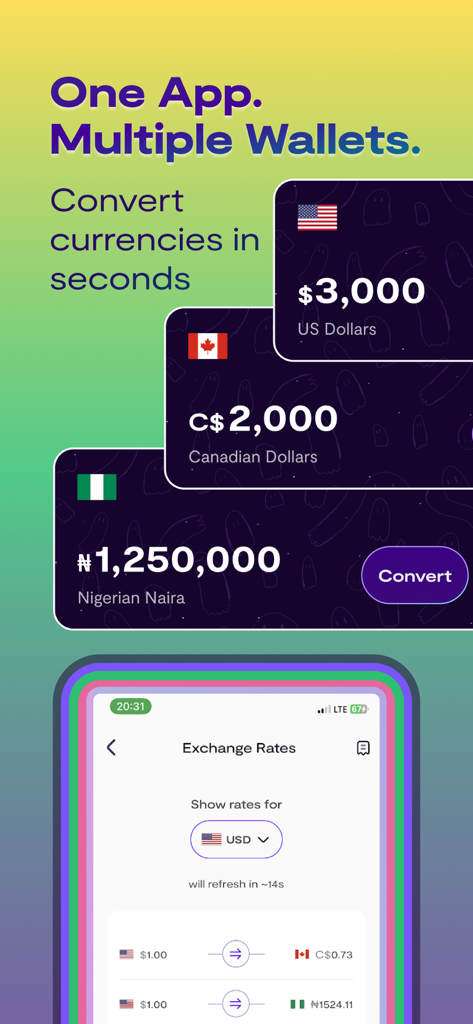 Chimoney App interface featuring multiple currency wallets for USD CAD and NGN with real-time exchange rate conversion