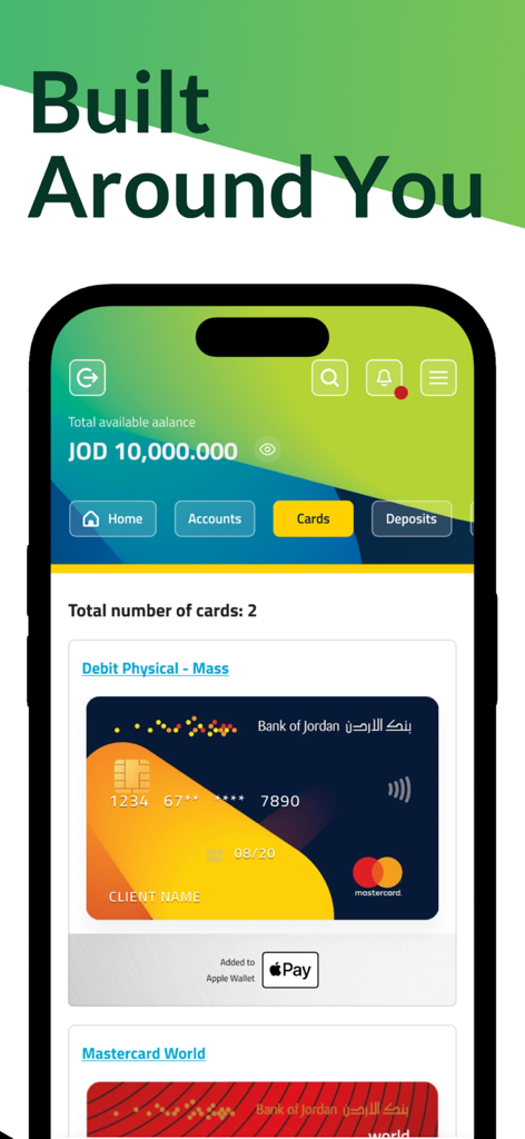 BOJ Mobile - بنك الأردن - Bank of Jordan mobile app interface showing account balance and managed debit cards with Apple Pay integration